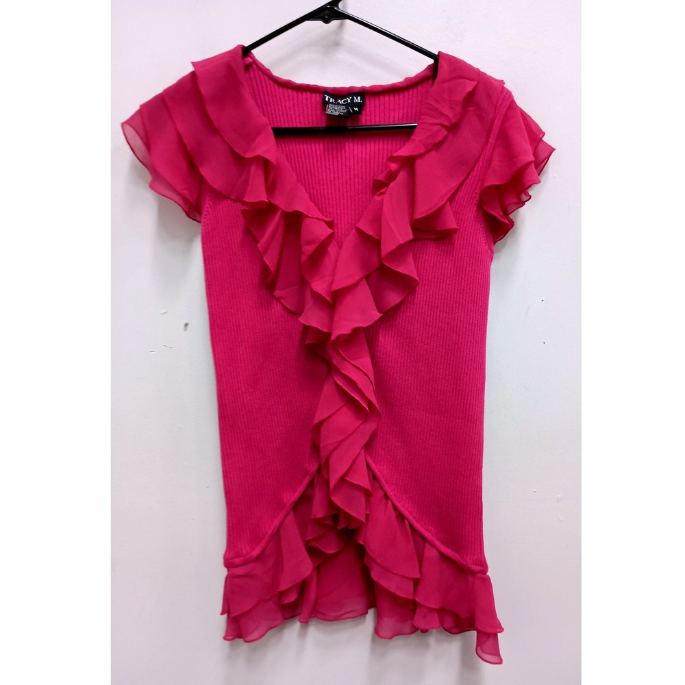 Tracy M Y2K Top Womens Medium Pink Vintage Coquette Ribbed Ruffle Short Sleeve